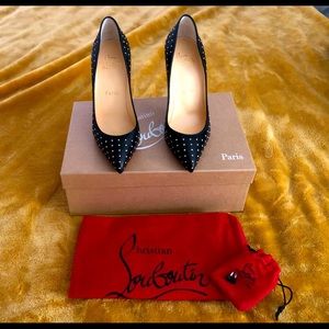 Christian Louboutin Pigalle Follies Plume 100 Black Gold Studded Pump 35 NEW
